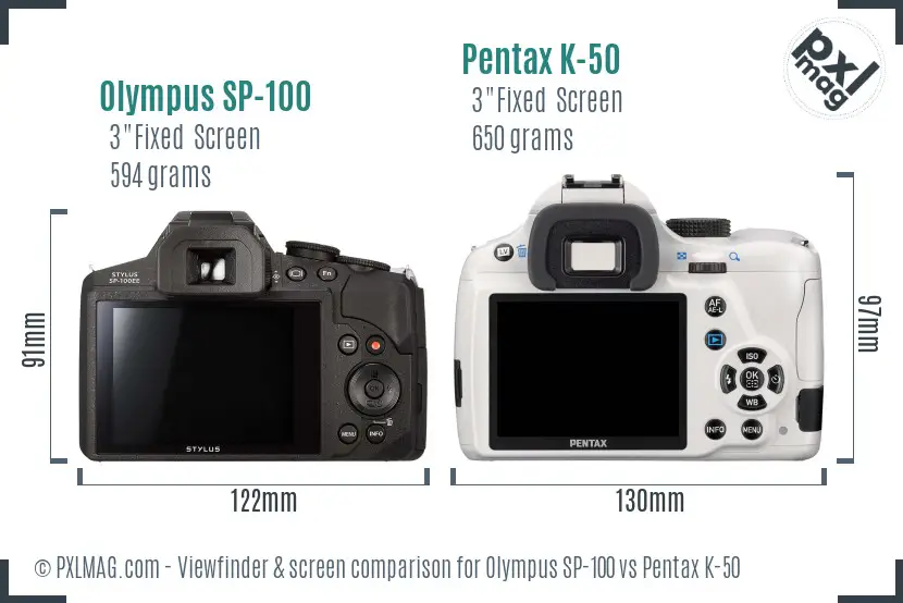 Olympus SP-100 vs Pentax K-50 Screen and Viewfinder comparison