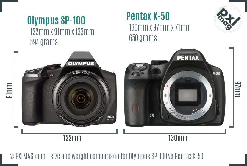 Olympus SP-100 vs Pentax K-50 size comparison