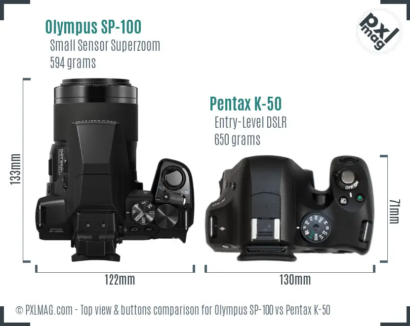 Olympus SP-100 vs Pentax K-50 top view buttons comparison