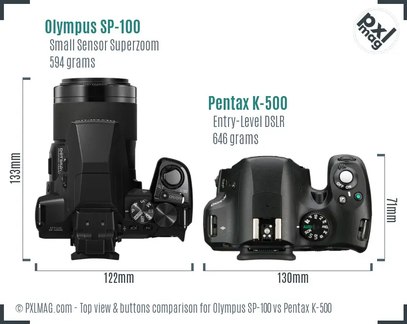 Olympus SP-100 vs Pentax K-500 top view buttons comparison