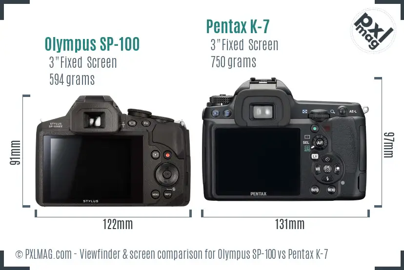 Olympus SP-100 vs Pentax K-7 Screen and Viewfinder comparison