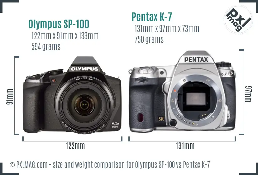 Olympus SP-100 vs Pentax K-7 size comparison