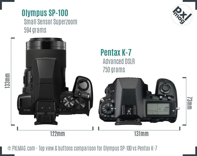Olympus SP-100 vs Pentax K-7 top view buttons comparison