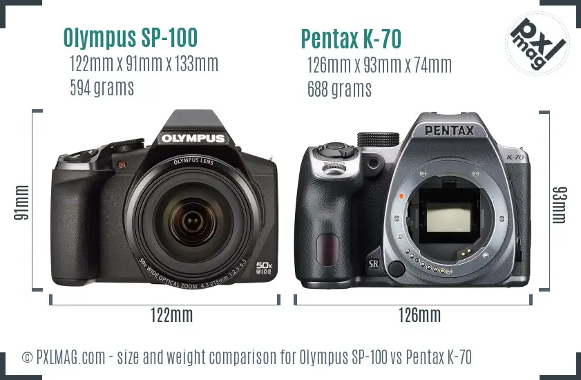Olympus SP-100 vs Pentax K-70 size comparison
