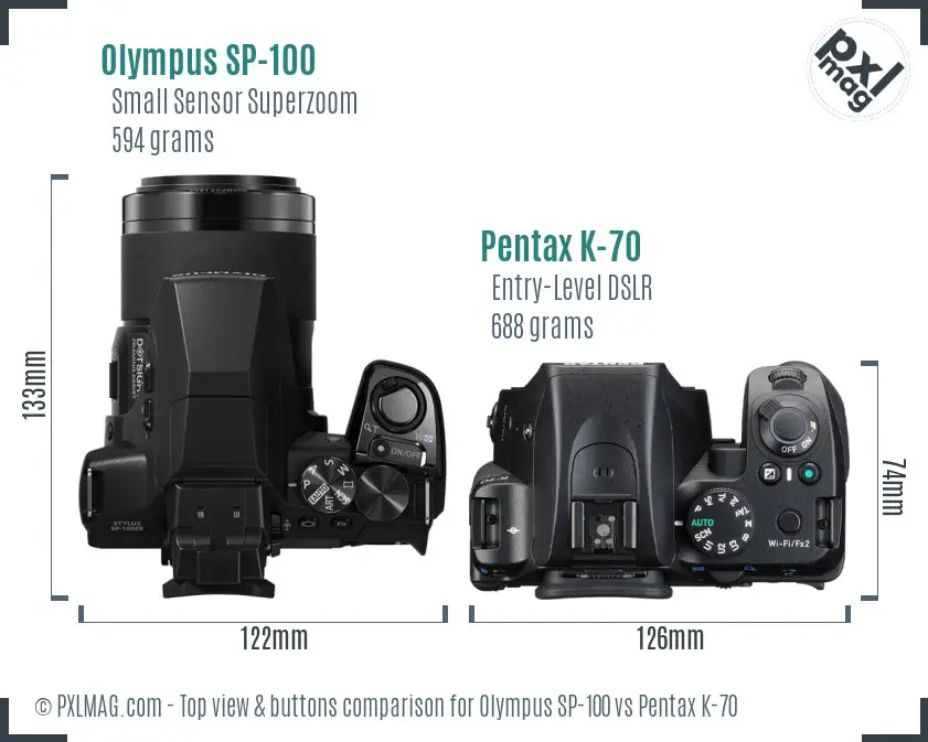 Olympus SP-100 vs Pentax K-70 top view buttons comparison