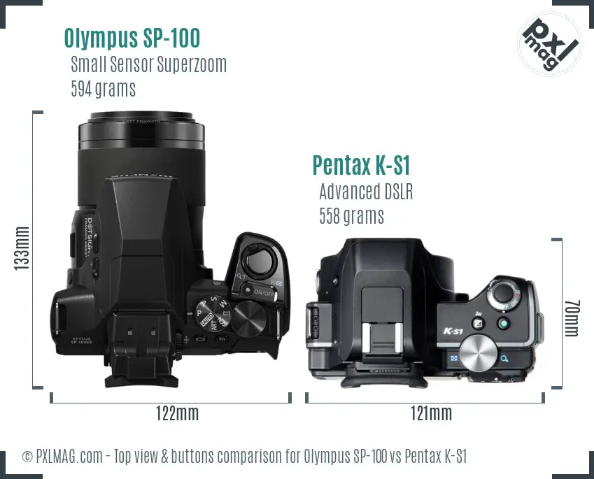 Olympus SP-100 vs Pentax K-S1 top view buttons comparison
