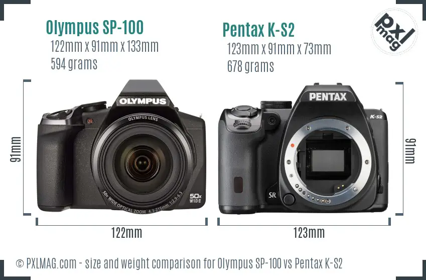 Olympus SP-100 vs Pentax K-S2 size comparison