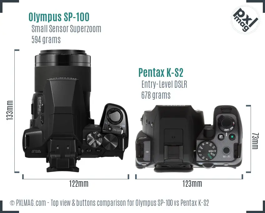 Olympus SP-100 vs Pentax K-S2 top view buttons comparison