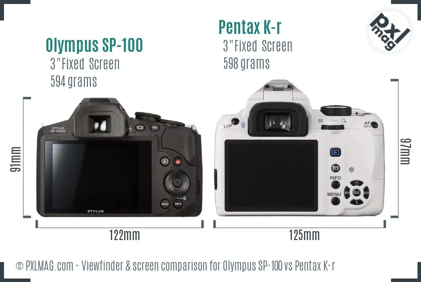 Olympus SP-100 vs Pentax K-r Screen and Viewfinder comparison