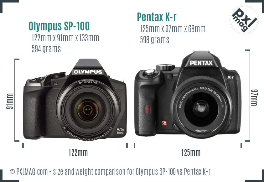 Olympus SP-100 vs Pentax K-r size comparison