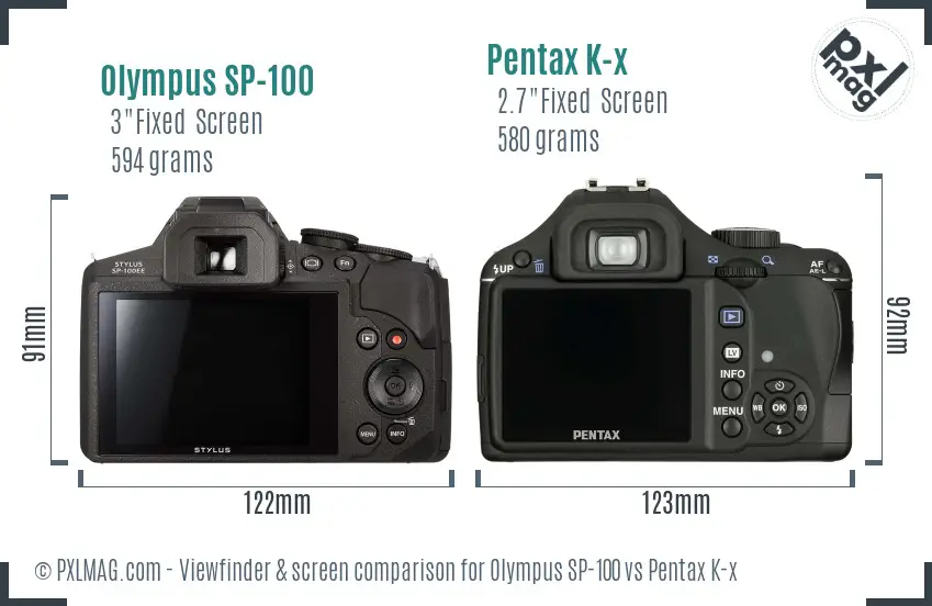 Olympus SP-100 vs Pentax K-x Screen and Viewfinder comparison