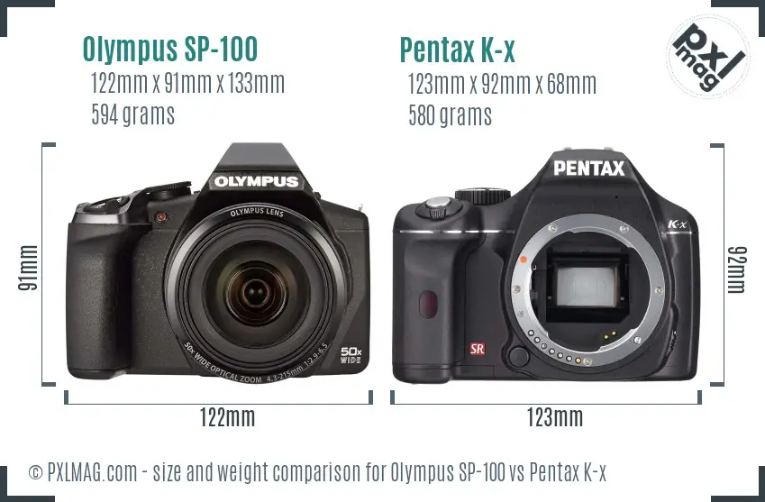 Olympus SP-100 vs Pentax K-x size comparison