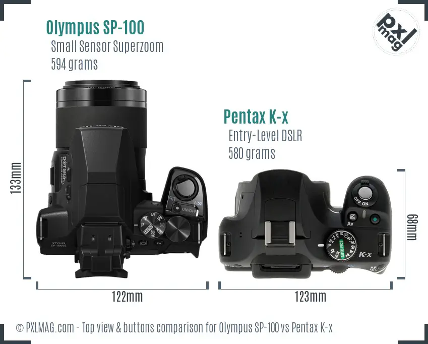 Olympus SP-100 vs Pentax K-x top view buttons comparison