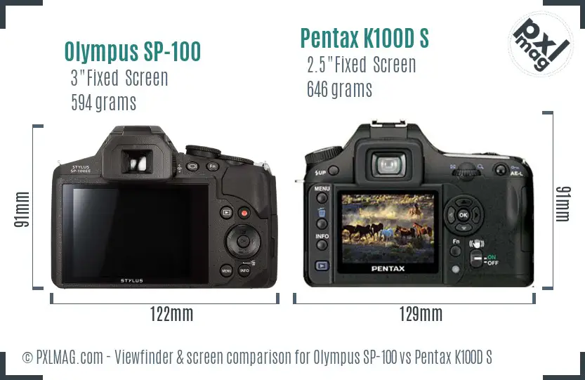 Olympus SP-100 vs Pentax K100D S Screen and Viewfinder comparison