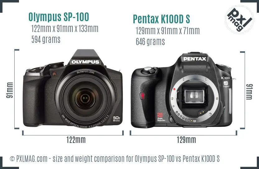 Olympus SP-100 vs Pentax K100D S size comparison