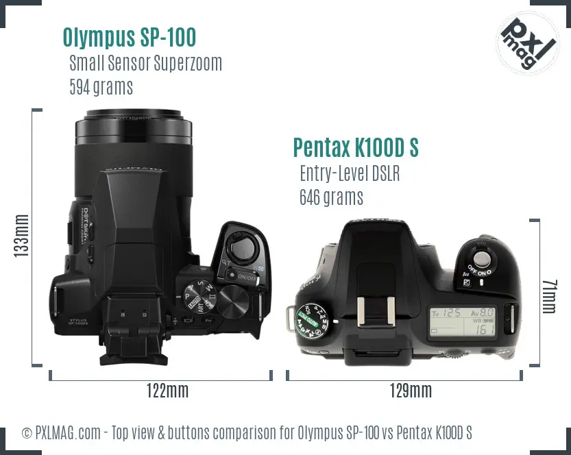 Olympus SP-100 vs Pentax K100D S top view buttons comparison
