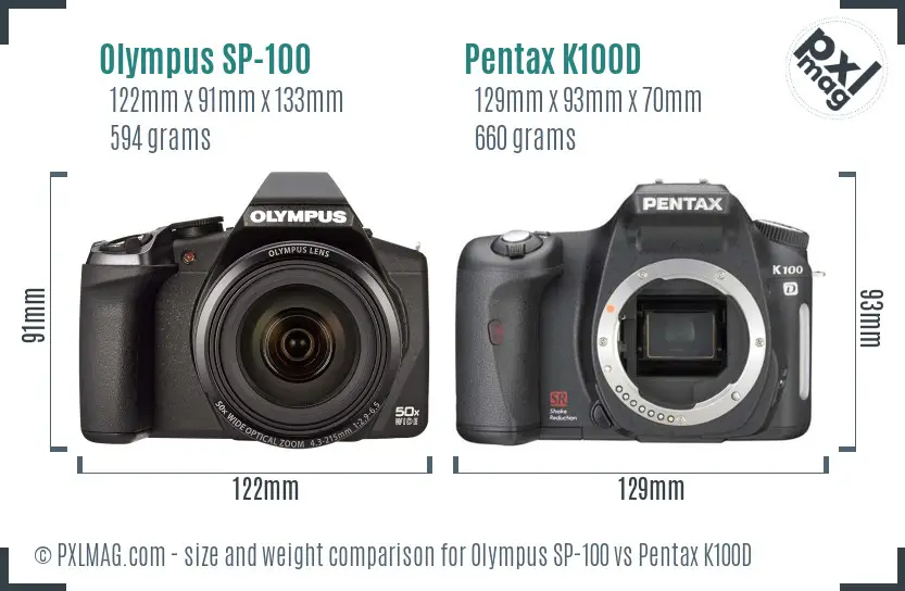 Olympus SP-100 vs Pentax K100D size comparison