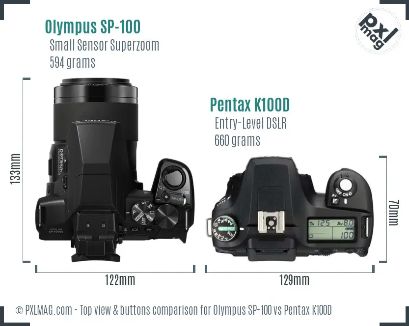 Olympus SP-100 vs Pentax K100D top view buttons comparison