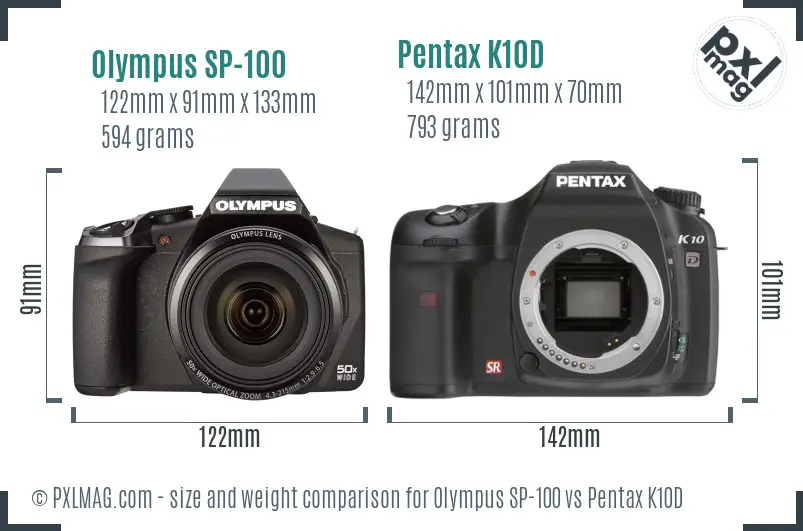 Olympus SP-100 vs Pentax K10D size comparison