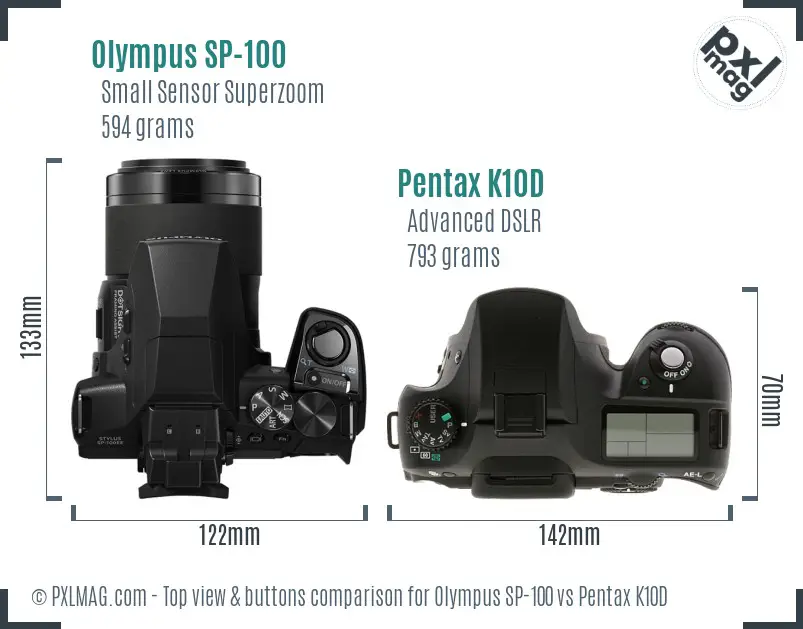 Olympus SP-100 vs Pentax K10D top view buttons comparison