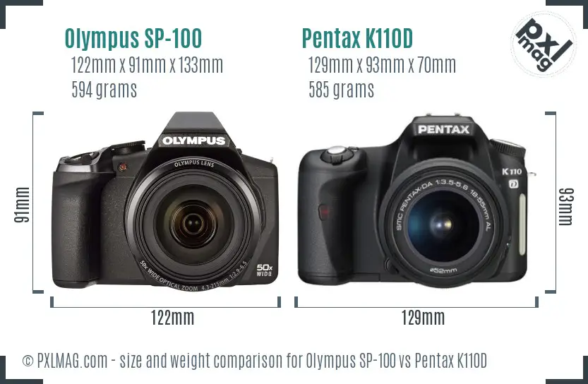 Olympus SP-100 vs Pentax K110D size comparison