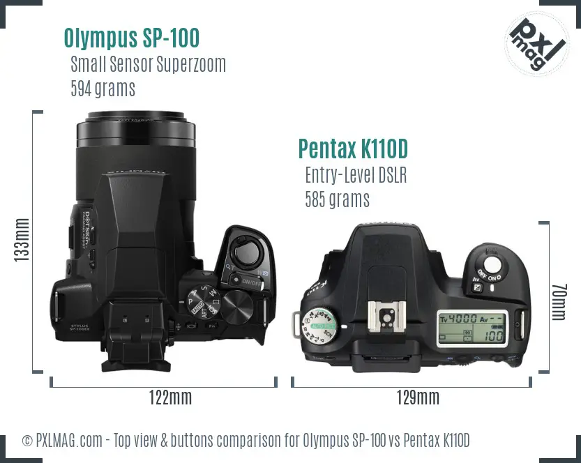 Olympus SP-100 vs Pentax K110D top view buttons comparison