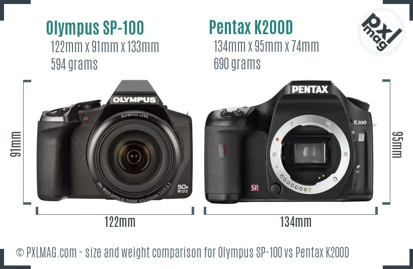 Olympus SP-100 vs Pentax K200D size comparison