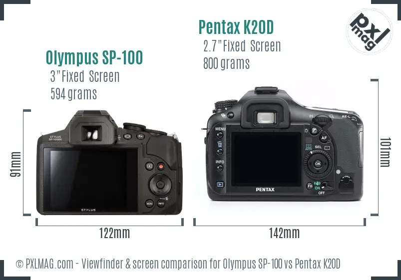 Olympus SP-100 vs Pentax K20D Screen and Viewfinder comparison