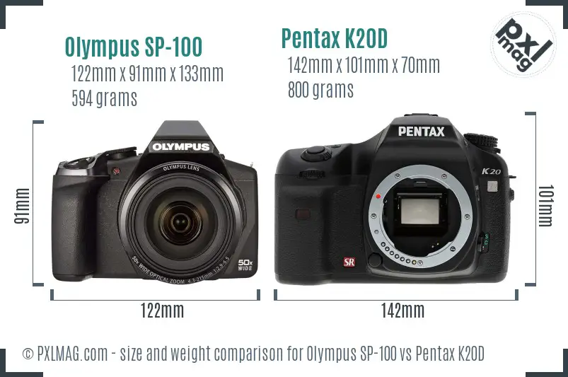 Olympus SP-100 vs Pentax K20D size comparison