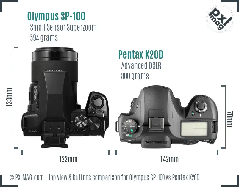 Olympus SP-100 vs Pentax K20D top view buttons comparison