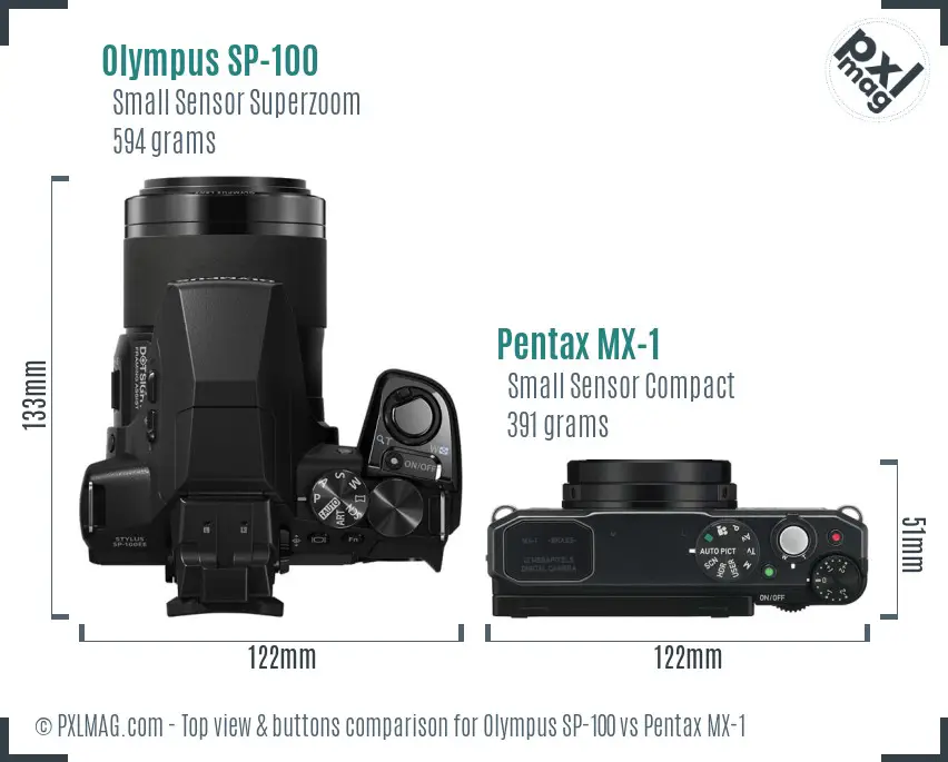 Olympus SP-100 vs Pentax MX-1 top view buttons comparison