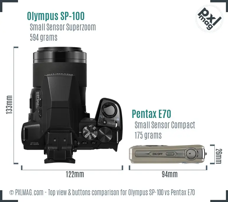 Olympus SP-100 vs Pentax E70 top view buttons comparison