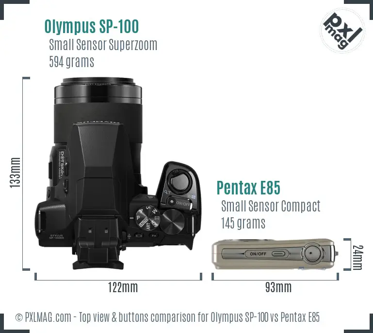 Olympus SP-100 vs Pentax E85 top view buttons comparison