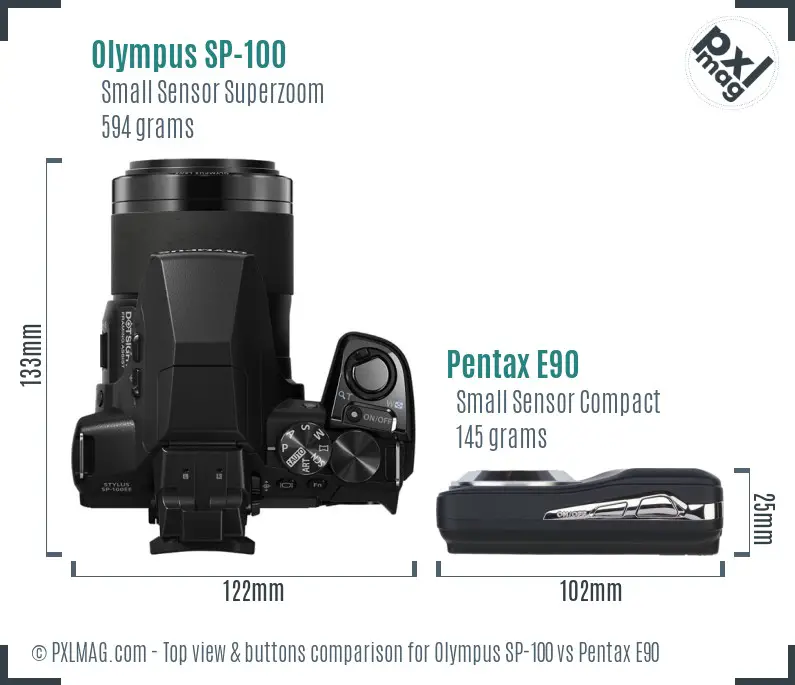 Olympus SP-100 vs Pentax E90 top view buttons comparison