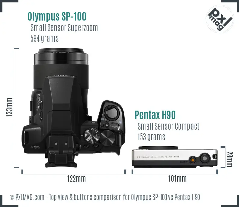 Olympus SP-100 vs Pentax H90 top view buttons comparison
