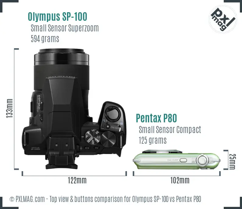 Olympus SP-100 vs Pentax P80 top view buttons comparison