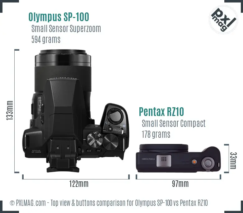 Olympus SP-100 vs Pentax RZ10 top view buttons comparison
