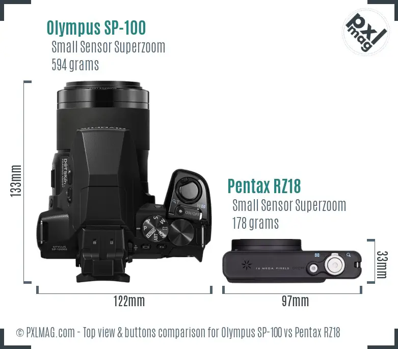 Olympus SP-100 vs Pentax RZ18 top view buttons comparison