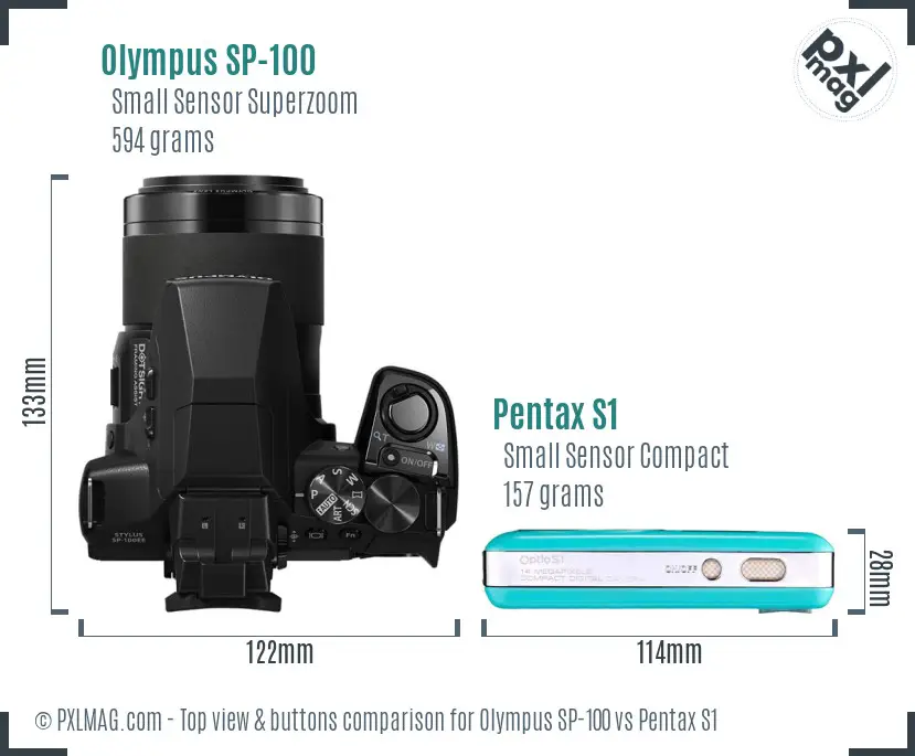 Olympus SP-100 vs Pentax S1 top view buttons comparison