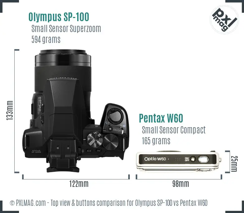 Olympus SP-100 vs Pentax W60 top view buttons comparison
