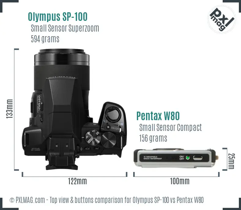 Olympus SP-100 vs Pentax W80 top view buttons comparison