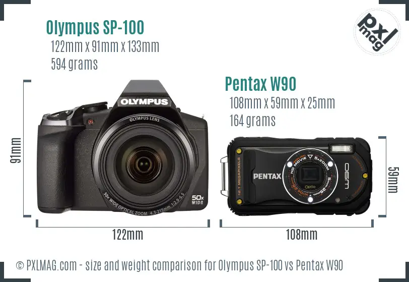 Olympus SP-100 vs Pentax W90 size comparison