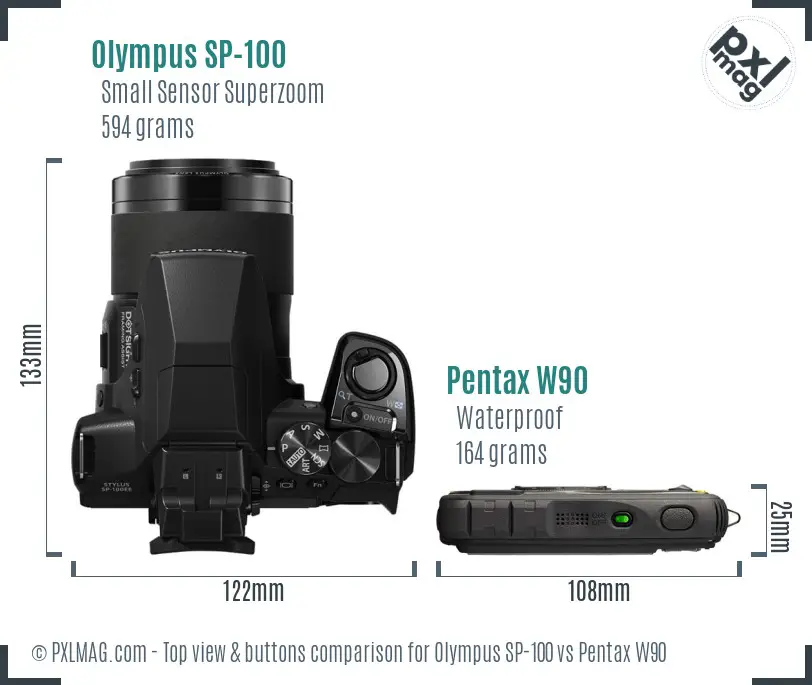 Olympus SP-100 vs Pentax W90 top view buttons comparison