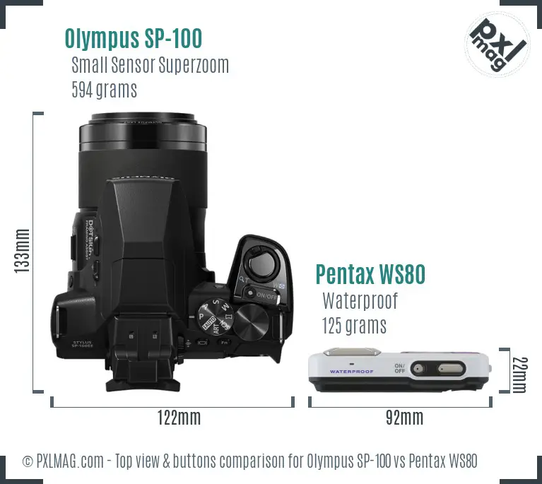 Olympus SP-100 vs Pentax WS80 top view buttons comparison