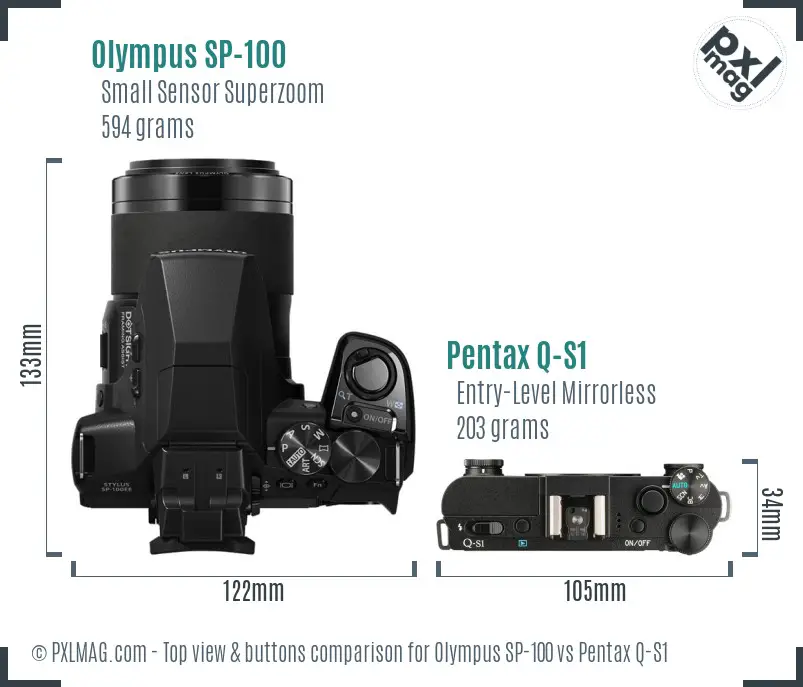 Olympus SP-100 vs Pentax Q-S1 top view buttons comparison