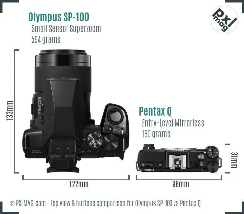 Olympus SP-100 vs Pentax Q top view buttons comparison