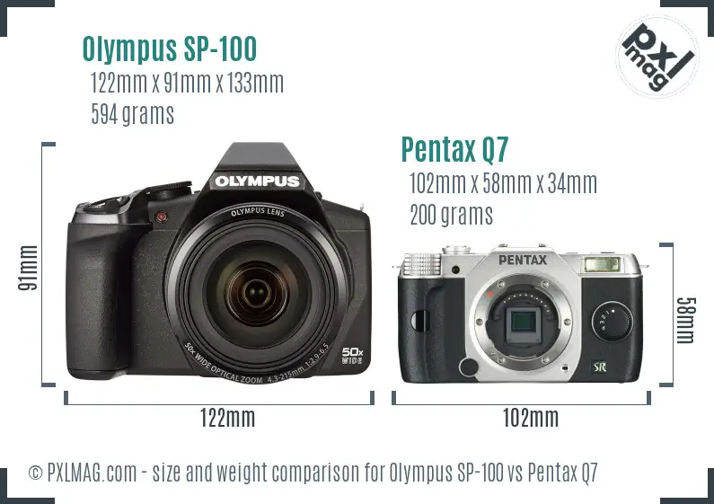 Olympus SP-100 vs Pentax Q7 size comparison