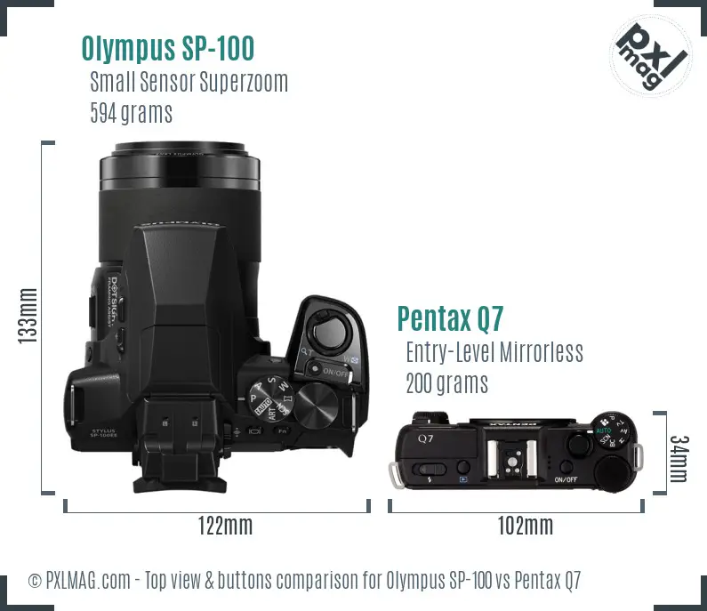 Olympus SP-100 vs Pentax Q7 top view buttons comparison