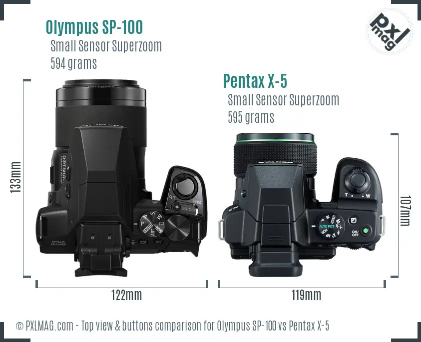 Olympus SP-100 vs Pentax X-5 top view buttons comparison