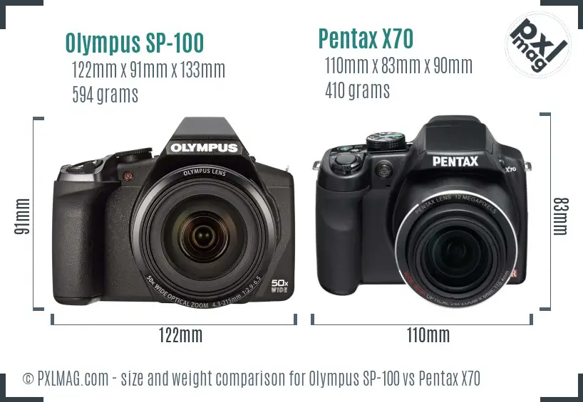 Olympus SP-100 vs Pentax X70 size comparison